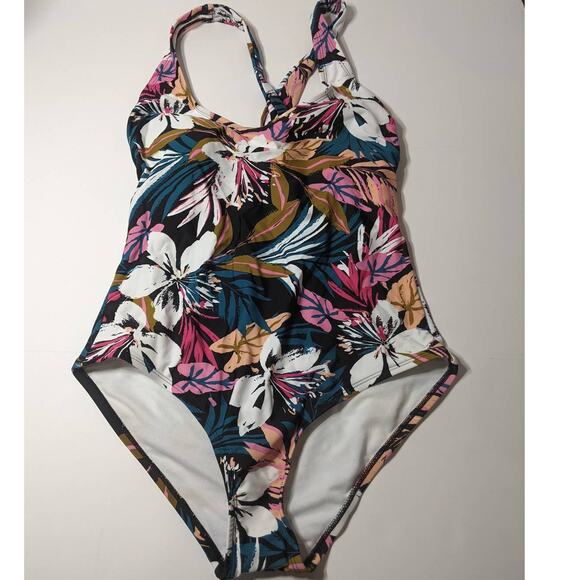 Kona Sol One Piece Swimsuit Tropical Twist Back Medium 8-10 Floral Plants - Picture 1 of 11